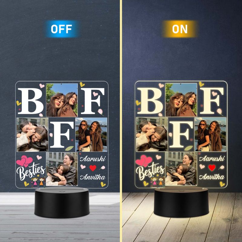 Personalized BFF 3D LED Photo Lamp Custom Photos & Names  3D Illusion Bedside Night Light Friendship Gift for Besties, Sisters Birthday Gift for BFF Warm White Light